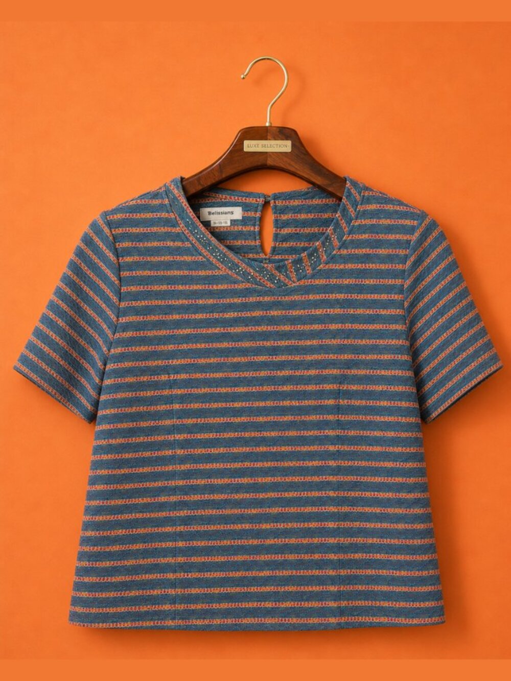 Y2K Office Siren Knit Lurex Top Rhinestone Neck Blue Orange Vintage